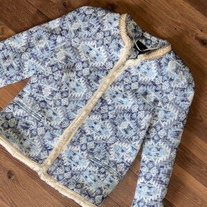 Mango Azure Ethnic Fabric Jacket​ as seen on Queen Letizia.